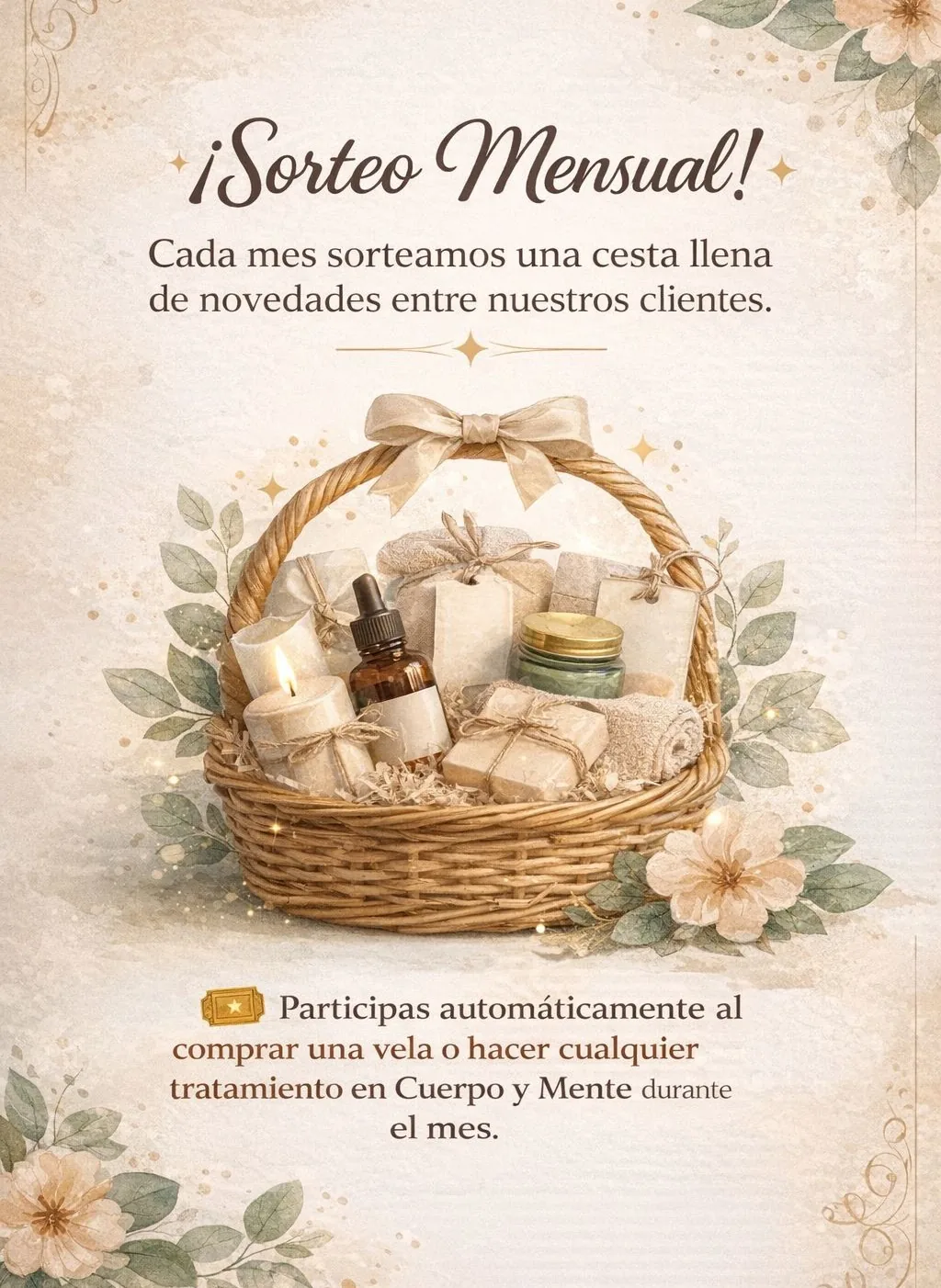 Cesta del sorteo mensual de Cuerpo y Mente con velas, jabones y toallas